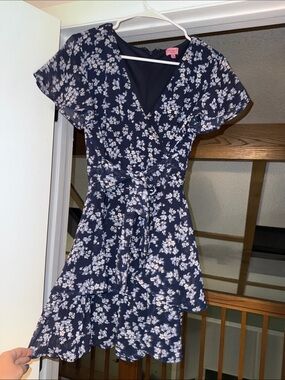 Floral Navy Wrap Dress with Ruffle Hem